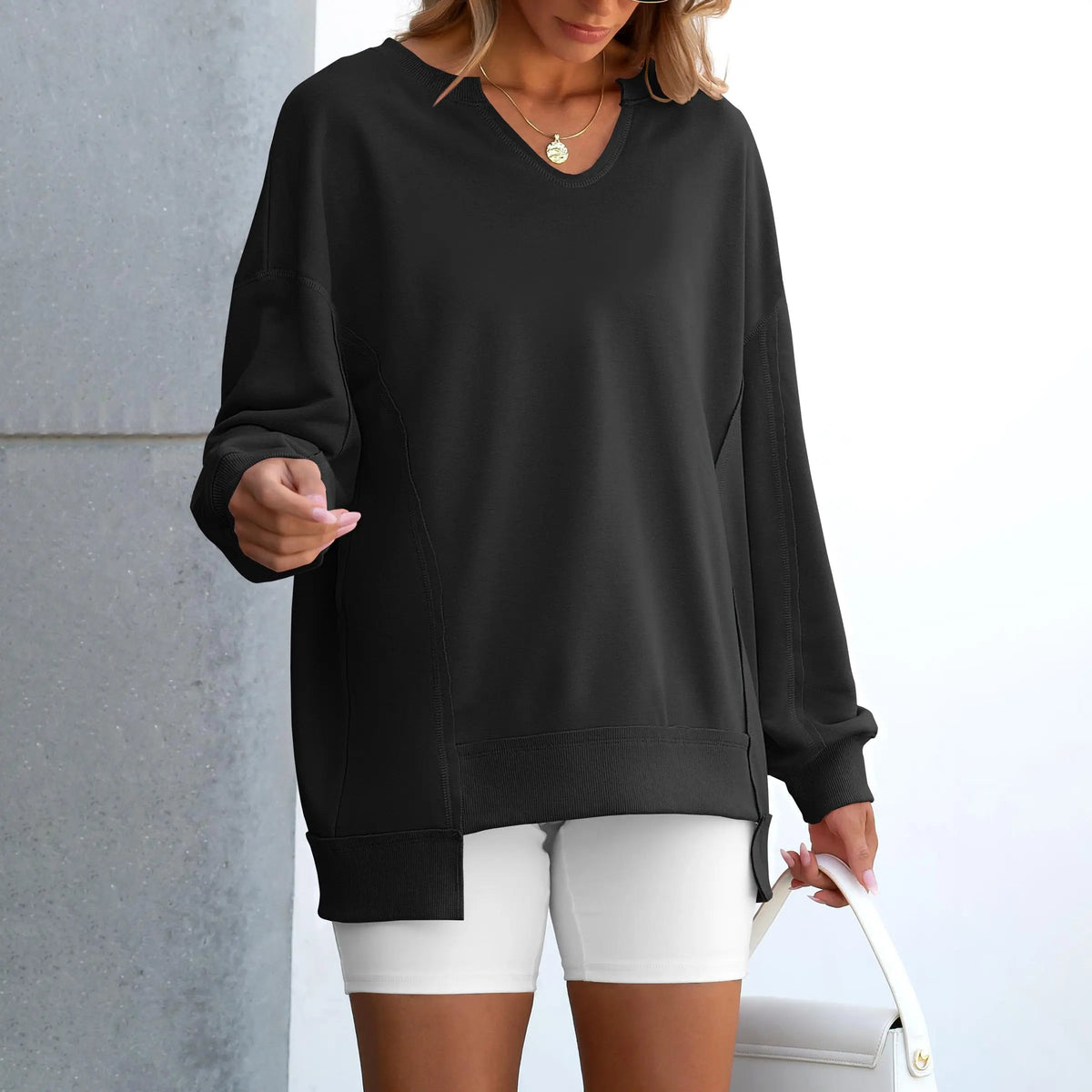 SOIVAI Womens Oversized Sweatshirt V Neck Long Sleeve Tunic Lightweight Pullover 2026 Winter Casual Tops Teen Girl Outfits