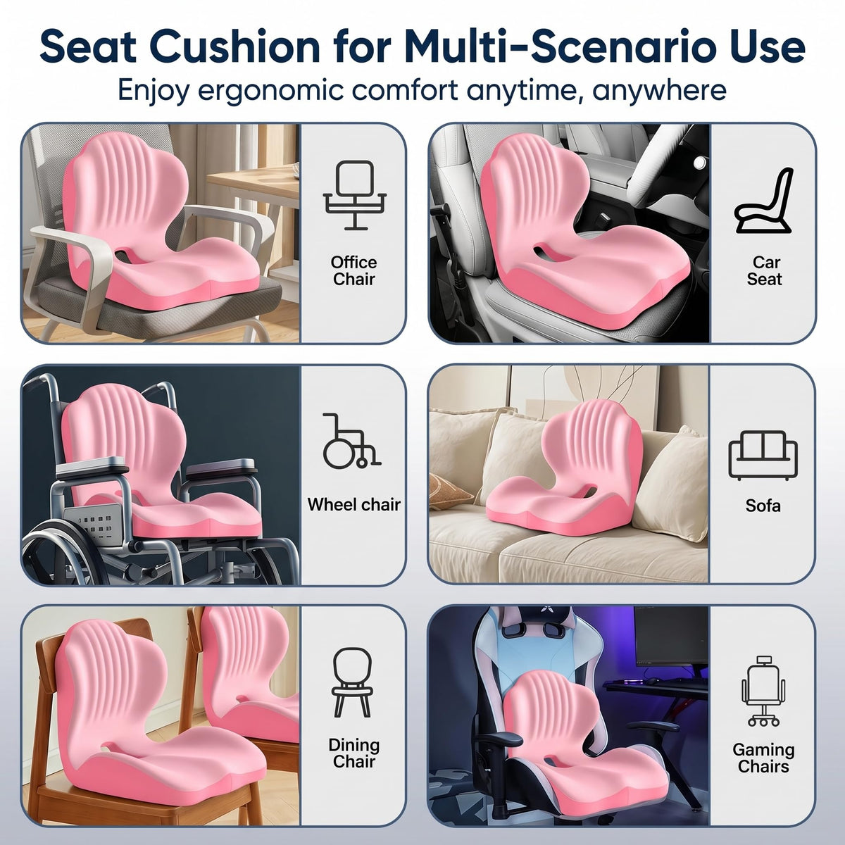Ergonomic Lumbar & Seat Support Cushion Suitable for office chairs, car seats, and home use – relieves back and hip pain.