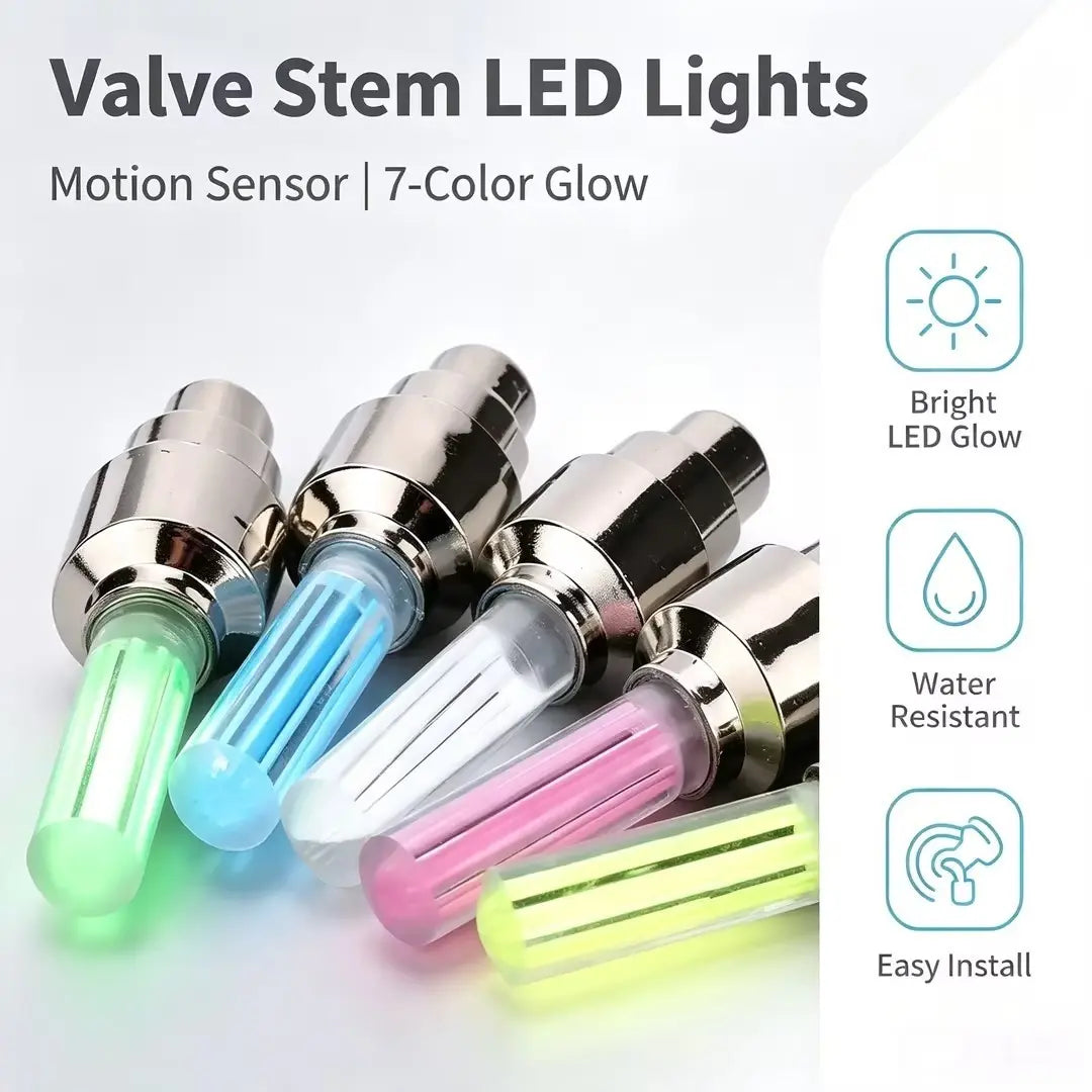 2 Pack Waterproof LED Tire Valve Stem Lights, Neon Glowing Wheel Accessories for Cars, Bicycles, Motorcycles & Electric Scooters, Night Safety Decor Lights